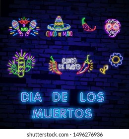 Neon Mexican icons. Icon from Cinco De Mayo. Mexico neon sign. Day of the Dead Dia de Muertos . Neon sign, bright signboard, light banner. Cactus in sombrero in neon style