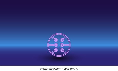 Símbolo de microcircuito neón sobre fondo azul gradiente. El símbolo aislado está situado en el centro inferior. Azul degradado con horizonte azul claro