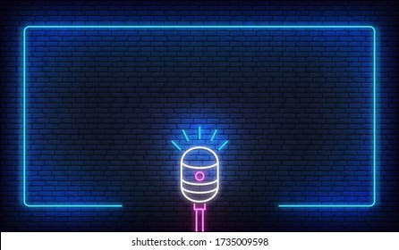 Neon microphone and border frame. Template for podcast, live music, stand up, comedy show