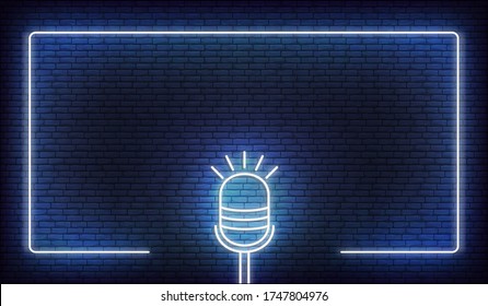 Neon microphone and border frame. Template for podcast, live music, stand up, comedy show