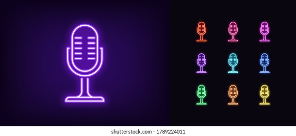 Neon Microphone Icon. Glowing Neon Mike Sign, Set Of Isolated Podcast Symbol In Vivid Colors. Recording Device And Vocal Mic. Bright Icon, Sign, Symbol For UI Design. Vector Illustration