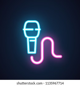 Neon microphone icon. Symbol of karaoke, concerts, live music, battle, stand up show, radio. Advertising element on thematic signs. Media label. Vector illustration isolated on black