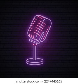 Neon Microphone sign. Glowing microphone icon for podcast, stand up or music show emblem. Retro mic in neon style. Vector illustration.