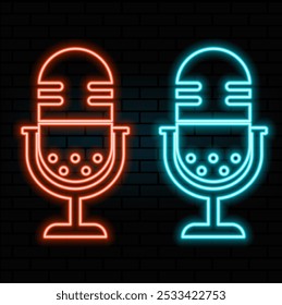 Letrero del micrófono de neón. Icono de micrófono brillante para podcast, stand up o emblema de espectáculo de música. Micrófono retro en estilo neón. Ilustración vectorial... naranja