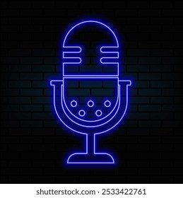 Letrero del micrófono de neón. Icono de micrófono brillante para podcast, stand up o emblema de espectáculo de música. Micrófono retro en estilo neón. Ilustración vectorial... azul.