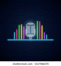 Neon microphone symbol with band equalizer with different colors. Music and singing visualization icon in neon style. Vector illustration. Music store banner with soundwave