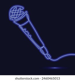 Neon microphone. Wired microphone. Live music. Karaoke neon sign. Neon logo. Bright signboard. Nightlife club advertising. Bar. Continuous Line Drawing. Line art. Nightclub. Emblem.  Stand up. Comedy
