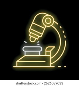 Neon microscope analyzing sample icon glowing on black background