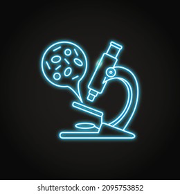 Neon microscope with infection microorganisms sample icon in line style. Laboratory research and analysis symbol. Vector illustration.