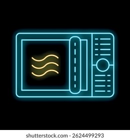 Ícone de forno de micro-ondas neon brilhando em azul e amarelo sobre um fundo preto