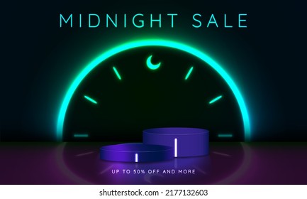 Neon Midnight Sale Banner with 3D new podium for products. Yellow and blue glowing lines forming a clock with the moon as 12 midnight. Up to 50% off and more. Editable Vector Illustration. EPS 10.  - Shutterstock ID 2177132603
