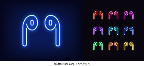 Neon mini headphones icon. Glowing neon earphone sign, set of isolated wireless headphones in vivid colors. Mobile device and gadget. Bright icon, sign, symbol for UI design. Vector illustration