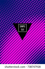 Neon minimal cover template. Contrast geometric 80s style poster background. Linear halftone stripes, waves, zigzag, triangle design element. Vertical dynamic glitch simple flat minimal cover design.