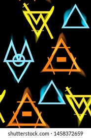 Neon minimal pattern with sacral geometry symbol on the dark background. Can be used for fluent design poster, cover, flyer.