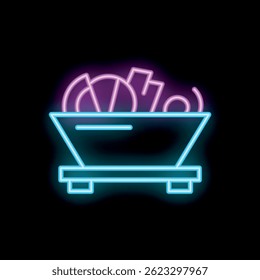 Neon mining cart concept icon with glowing lines for banner design on dark background
