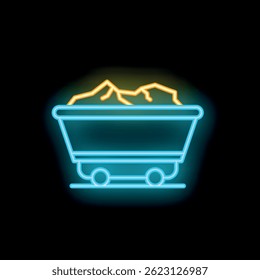 Neon mining cart icon glowing, representing the concept of mining and resource extraction