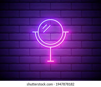 Neon mirror icon isolated on brick wall background. Makeup, beauty and fashion logo. Element of design for cosmetic, girly or female concept. Vector 10 EPS illustration