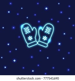 Neon mittens icon in line style. Shining winter clothes symbol on dark background.