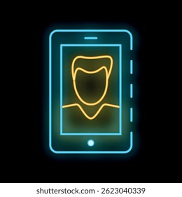 Neon mobile phone showing user profile picture icon glowing on black background