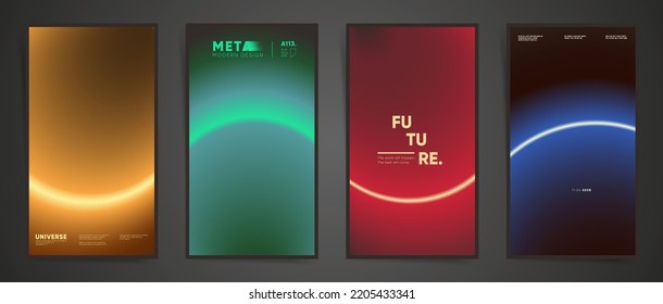 Neon modern art story post design. Social media mobile cover template with cyberpunk blurry laser gradient. Circular radial gradient layout template design set for poster, post and banners. Vector.	