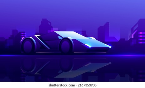 Neon modern racing supercar stands on urban background. Nightlife horizontal illustration.