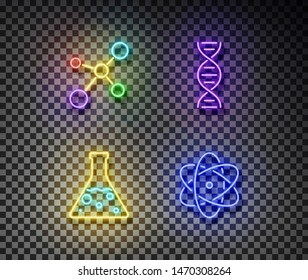 Neon molecule, chemistry flask, dna, atom signs vector isolated on on transparent background. Chemistry light symbol, decoration effect. Neon illustration.