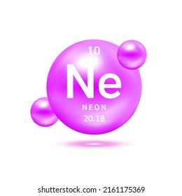 Neon molecule models purple and chemical formulas scientific element. Natural gas. Ecology and biochemistry concept. Isolated spheres on white background. 3D Vector Illustration.