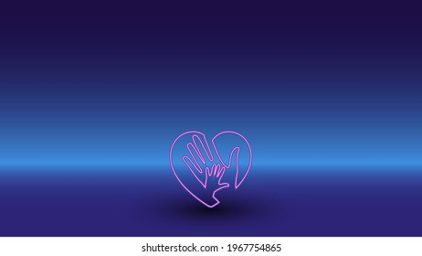 Neon mom with baby symbol on a gradient blue background. The isolated symbol is located in the bottom center. Gradient blue with light blue skyline