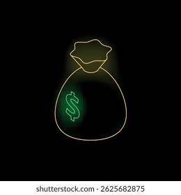 Neon money bag glowing on a dark background representing finance and wealth