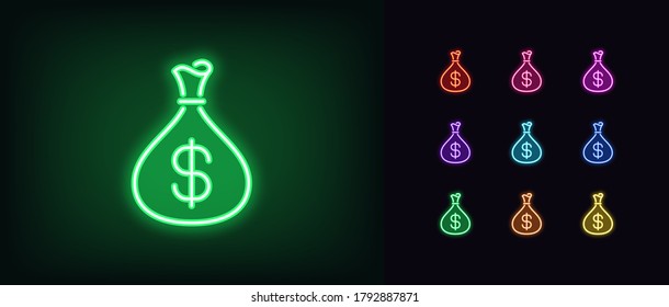 Neon money bag icon. Glowing neon income sign, pouch with dollar in vivid colors. Revenue, money deposit, investment profit, salary bonus. Icon set, sign, symbol for UI design. Vector illustration