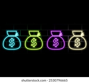 Neon money bag icon. Glowing neon income sign, pouch with dollar in vivid colors. Revenue, money deposit, investment profit, salary bonus. Icon set, sign, symbol for UI design. Vector illustration.3