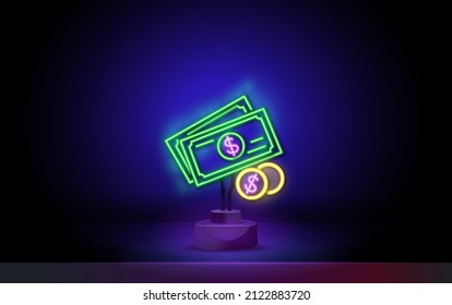 Neon Money icon of lottery prize. Neon gaming dollars on dark background. Lotto playing concept. Can be used for neon signs, posters, billboards, banners.