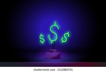 Neon Money icon of lottery prize. Neon gaming dollars on dark background. Lotto playing concept. Can be used for neon signs, posters, billboards, banners.