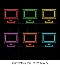 Neon monitor icon. Glowing neon computer sign, isolated display device set in different vivid colors. Glossy icon, sign, symbol for UI design. Desktop device and gadget. many colors.