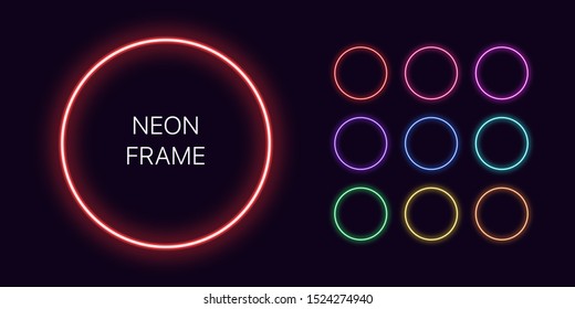 Borde monocromático neón con espacio de copia. Conjunto de plantillas de marco redondeado de degradado Neon. Expresivo y futurista elemento gráfico, forma geométrica para un diseño brillante. Vector completo