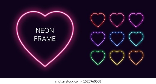 Neon monochrome heart Border with copy space. Templates set of Neon gradient valentine Frame. Expressive and futuristic graphic element, geometric shape for bright design. Fully Vector