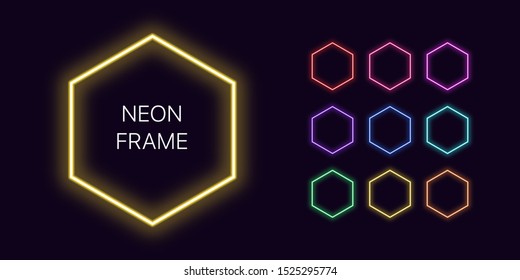 Borde hexagonal monocromo neón con espacio de copia. Conjunto de plantillas de marco hexagonal de degradado Neon. Expresivo y futurista elemento gráfico, forma geométrica para un diseño brillante. Vector completo