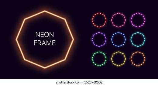 Borde de octógono monocromo neón con espacio de copia. Conjunto de plantillas de marco octagonal de degradado neón. Expresivo y futurista elemento gráfico, forma geométrica para un diseño brillante. Vector completo