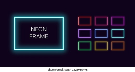 Borde rectangular monocromo neón con espacio de copia. Conjunto de plantillas de marco rectangular con degradado Neon. Expresivo y futurista elemento gráfico, forma geométrica para un diseño brillante. Vector completo