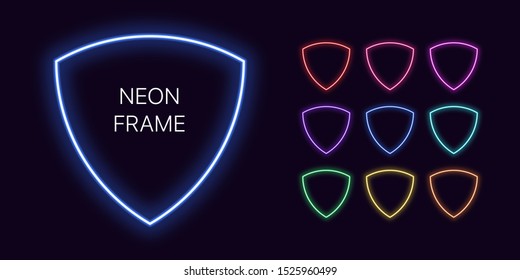 Neon monochrome shield Border with copy space. Templates set of Neon gradient shield Frame. Expressive and futuristic graphic element, geometric shape for bright design. Fully Vector