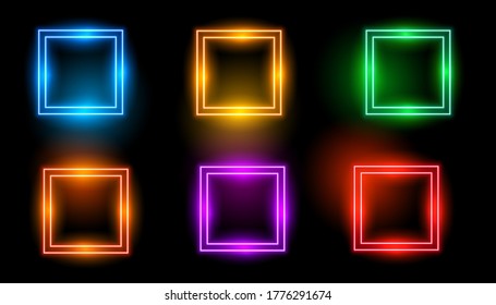 Neon monochrome square Border with copy space. Templates set of Neon gradient double line frame. Expressive and futuristic graphic element, geometric shape for bright design.