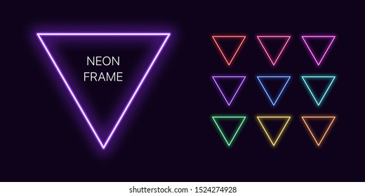 Neon monochrome triangle Border with copy space. Templates set of Neon gradient triangular Frame. Expressive and futuristic graphic element, geometric shape for bright design. Fully Vector