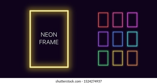 Borde de rectángulo vertical monocromo neón con espacio de copia. Conjunto de plantillas de marco rectangular con degradado Neon. Expresivo y futurista elemento gráfico, forma geométrica para un diseño brillante. Vector completo