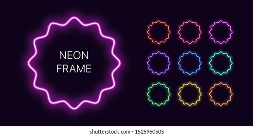 Neon monochrome wavy Border with copy space. Templates set of Neon gradient round Frame. Expressive and futuristic graphic element, geometric shape for bright design. Fully Vector