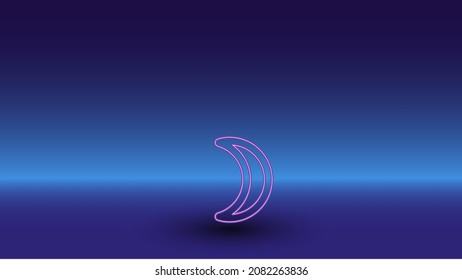 Neon moon astrological symbol on a gradient blue background. The isolated symbol is located in the bottom center. Gradient blue with light blue skyline