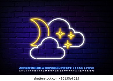 Neon Moon icon with the cloud on a background of dark bricks. Editable stroke and blend. Vector illustration with the alphabet.