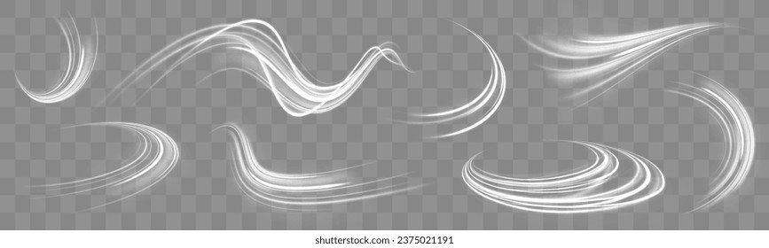 Efecto neón de movimiento. Road Magic de mover líneas rápidas. Luminosas líneas blancas de velocidad. Ola ligera de senderos, línea de trazos de senderos de incendios y giro de la curva de incandescencia. Vector PNG. Toro blanco claro. 