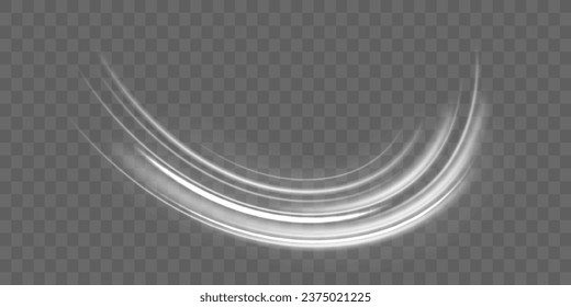 Neon motion effect. Road Magic of moving fast lines. Luminous white lines of speed. Light trail wave, fire path trace line and incandescence curve twirl. Vector PNG. Light white Twirl. 