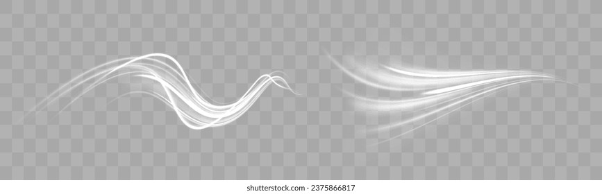 Neon motion effect. Road Magic of moving fast lines. Luminous white lines of speed. Light trail wave, fire path trace line and incandescence curve twirl. Vector PNG. Light white Twirl. 