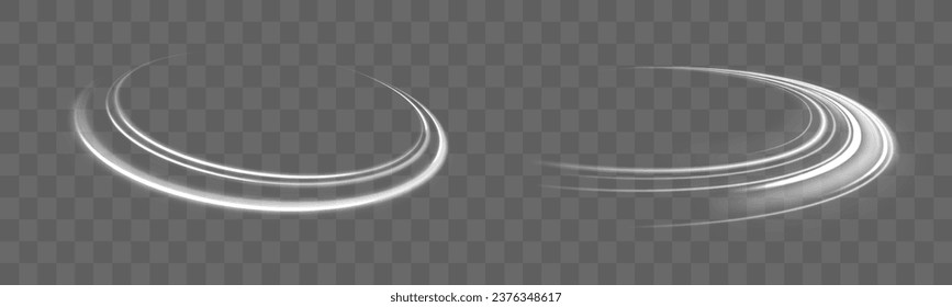Neon motion effect. Road Magic of moving fast lines. Luminous white lines of speed. Light trail wave, fire path trace line and incandescence curve twirl. Vector PNG. Light white Twirl. 